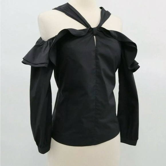 J.CREW Off-the-shoulder Top
Blouse Tie-Neck in Black Classy Boho Chic 
Size 6 - Picture 3 of 7